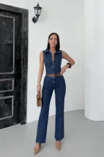 Combinaison en jean sans manches à fermeture éclair avec bonnets 3013-26-(S-XL)