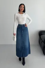 Long Denim Skirt 1082-01-(36-42-6) Dark Blue Denim