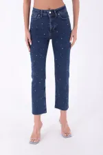 Yıldızlı Mom Fit Dikişsiz Paça Kot Pantolon  1753-26-(28-33)