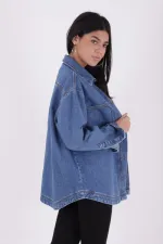 Oversize Denim Jacket with Octagonal Pocket and Stitching Detail 6069-15-(S+L+4) Light Blue Denim Oversize Denim Jacket with Octagonal Pocket and Stitching Detail 6069-15-(S+L+4) Light Blue Denim