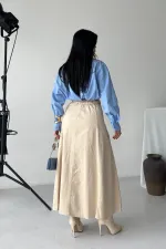 Ruffled Long Skirt with Elasticated Waist  1063-65-(36-44) Stone