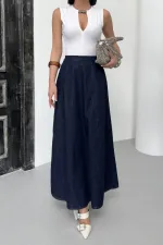 Ruffled Long Skirt with Elasticated Waist  1063-17-(S-XL) Slubbed Navy Blue