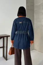 Velvet Piece Detailed Zippered Denim Jacket 6129-26-(S-XL) Regular Dark Blue