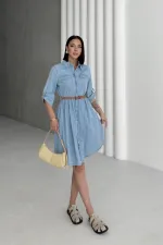 Büzgü Detaylı Kısa Kot Elbise 3040-15-(S-XL)