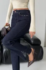 Mom Jean with Side Slits 1774-17-(27-32) Slubbed Navy Blue Mom Jean with Side Slits 1774-17-(27-32) Slubbed Navy Blue