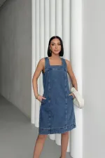 Askılı Yan Cepli Klasik Kot Elbise 334-27-(S-XXL)