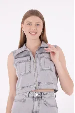 Fermuarlı Mini Kot Yelek  6018-32-(S-L-6)