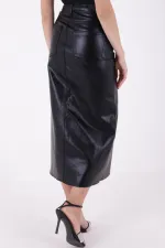 Fringe Finish Denim Medium Skirt with Front Slit 1022-46-(XS-XL-7) Foiled Black Fringe Finish Denim Medium Skirt with Front Slit 1022-46-(XS-XL-7) Foiled Black