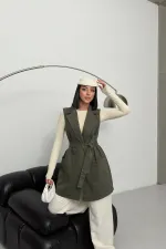 Belted and Cross Over Collar Denim Vest 6137-67-(S-XL) Khaki