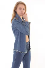 Tasseled Ending Denim Jacket with Lace-up Sleeve 618-62-(S-XL) Middle Blue - Tinted Tasseled Ending Denim Jacket with Lace-up Sleeve 618-62-(S-XL) Middle Blue - Tinted