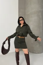Buttoned Mini Denim Dress 3027-97-(S-L-3) Pine Green Buttoned Mini Denim Dress 3027-97-(S-L-3) Pine Green