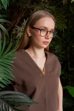 V Neck Linen Blouse HS608-78-(S+L+4) Brown