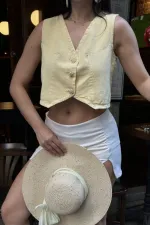 Linen Vest with Buttons  HS603-93-(S-XL) Light Yellow