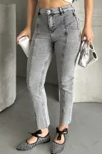 High Rise Mom Jean With Slit in Leg Front  1743-40-(26-31) Light Grey - Snow