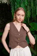 Linen Vest with Buttons HS603-78-(S-XL) Brown