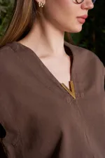 V Neck Linen Blouse HS608-78-(S+L+4) Brown