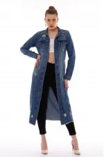 Ripped Long Denim Jacket 680-02-(S-XL) Dark Tinted Denim Ripped Long Denim Jacket 680-02-(S-XL) Dark Tinted Denim