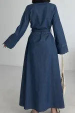 Düğmeli Uzun Boy Kot Elbise 3047-26-(S-XL)