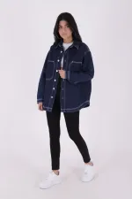 Oversize Denim Jacket with Octagonal Pocket and Stitching Detail 6069-17-(S+L+4) Slubbed Navy Blue Oversize Denim Jacket with Octagonal Pocket and Stitching Detail 6069-17-(S+L+4) Slubbed Navy Blue