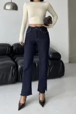 Mom Jean with Side Slits 1774-17-(27-32) Slubbed Navy Blue Mom Jean with Side Slits 1774-17-(27-32) Slubbed Navy Blue