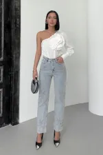 Taşlı Mom Fit Kot Pantolon  7116-08-(26-31)