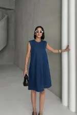 Sleeveless Oversize Denim Dress with Pocket 3043-26-(S-XL-6) Regular Dark Blue