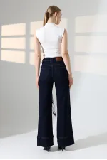 Palazzo Jeans with Hem Detail 7164-17-(27-32) Slubbed Navy Blue Palazzo Jeans with Hem Detail 7164-17-(27-32) Slubbed Navy Blue
