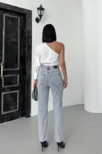 Taşlı Mom Fit Kot Pantolon  7116-08-(26-31)