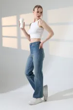 Wide Leg Palazzo Relaxed Jean with Decorative Front Pockets  1710-62-(30-36) Middle Blue - Tinted