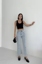 Mom Fit Jean with Asymmetrical Flared Legs 1859-08-(26-31) Snow Light Blue