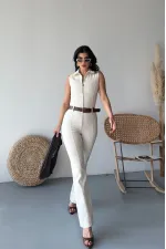 Sleeveless Denim Jumpsuit with Zipper and Belt 3013-80-(S-XL) Natural