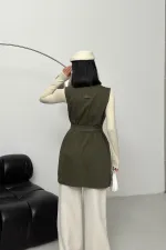 Belted and Cross Over Collar Denim Vest 6137-67-(S-XL) Khaki