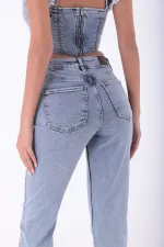 Yıldızlı Mom Fit Dikişsiz Paça Kot Pantolon  1753-08-(28-33)