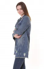 Fringe Finish Boyfriend Denim Jacket 679-62-(S-XL-6) Middle Blue - Tinted Fringe Finish Boyfriend Denim Jacket 679-62-(S-XL-6) Middle Blue - Tinted