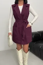 Belted and Cross Over Collar Denim Vest 6137-96-(S-XL) Purple