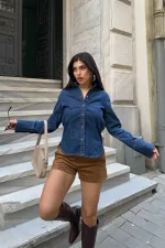 Kol Manşet Detaylı Kot Gömlek  6150-26-(S-XL)