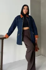 Velvet Piece Detailed Zippered Denim Jacket 6129-26-(S-XL) Regular Dark Blue