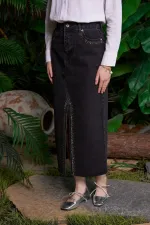 Taşlı Yırtmaçlı Kot Etek 1071-23-(S-XL-6) Taşlı Yırtmaçlı Kot Etek 1071-23-(S-XL-6)