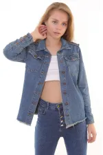 Tasseled Ending Denim Jacket with Lace-up Sleeve 618-62-(S-XL) Middle Blue - Tinted Tasseled Ending Denim Jacket with Lace-up Sleeve 618-62-(S-XL) Middle Blue - Tinted