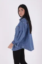 Oversize Denim Jacket with Octagonal Pocket and Stitching Detail 6069-15-(S+L+4) Light Blue Denim Oversize Denim Jacket with Octagonal Pocket and Stitching Detail 6069-15-(S+L+4) Light Blue Denim