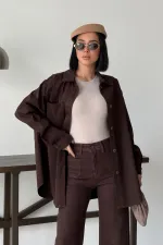 Oversize Denim Jacket with Buttons 6080-78-(S+L+3) Brown