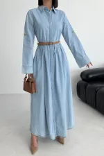 Büzgü Detaylı Uzun Kot Elbise  3048-42-(S-XL)