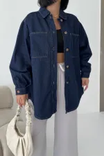 Oversize Denim Jacket with Buttons  6080-17-(S-L-3) Slubbed Navy Blue