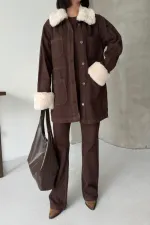 Kol ve Yakası Kürk Detaylı Orta Boy Kot Ceket 6168-78-(S+L+4)