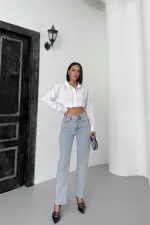 Şerit Taşlı Mom Fit Kot Pantolon 7110-08-(26-31)