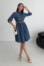 Büzgü Detaylı Kısa Kot Elbise 3040-26-(S-XL)