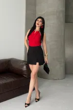 Short Skirt with Slit Detail 1097-07-(36-44) Black
