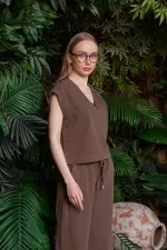 V Neck Linen Blouse HS608-78-(S+L+4) Brown