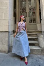 Ruffled Long Skirt with Elasticated Waist 1063-08-(36-44) Snow Light Blue