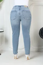 Fringe Ending High Waisted Mom Fit Jean  764-15-(32-36) Light Blue Denim